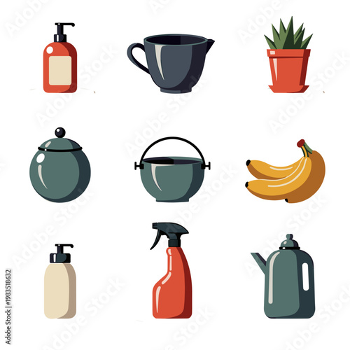 set of household lifestyle icons including cleaning supplies, kitchenware, and plants on transparent background, for home organization blogs, cleaning service sites, interior design clipart