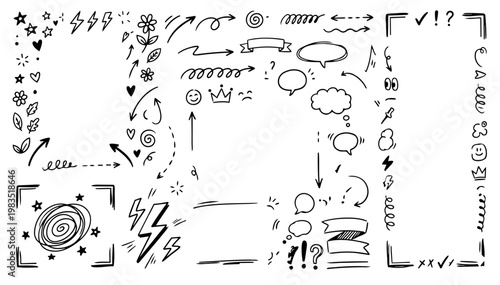 Hand drawn doodle vector set of notebook margin decorations, playful sketchy ink pen side notes, scribbles, arrows, circles, underlines, and accent marks for creative layouts and study pages