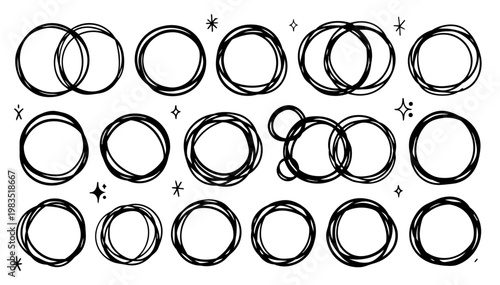 Hand drawn doodle vector set of overlapping circle doodles for highlights and frames, playful sketchy ink pen loops, rings, and scribble shapes for UI, notes, social media, and creative design project