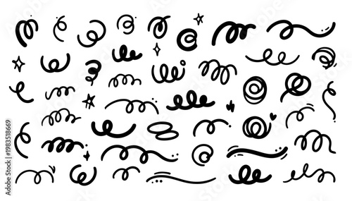 Hand drawn doodle vector set of pen swirl accents for highlights and decoration, sketchy ink pen curves, loops, and flourish elements for UI, notes, social media, and creative design projects