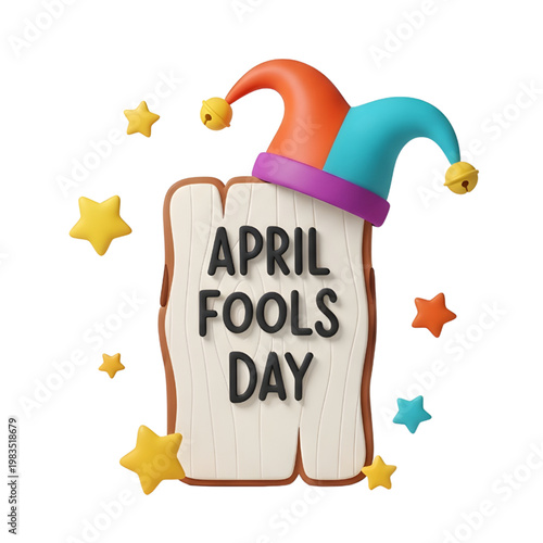 April Fools Day Sign with Colorful Jester Hat and Stars