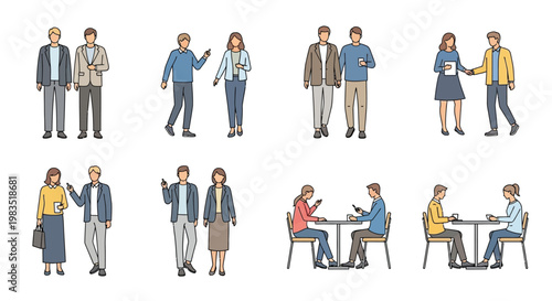 Diverse group of people interacting in various professional settings