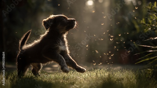 Golden-lit puppy leaps in joy on grass, catching flying insects, surrounded by foliage