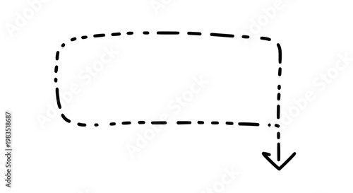 Dashed frame illustration featuring a rectangular box shape with a hand drawn aesthetic and a downward pointing arrow indicator isolated on a transparent background for use in professional graphic.