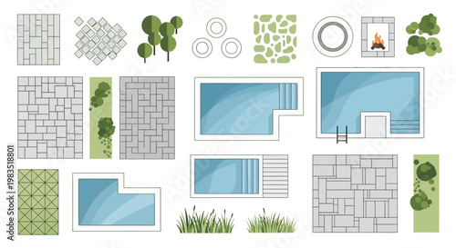 Architectural plan elements pools patios greenery and fireplaces viewed from above