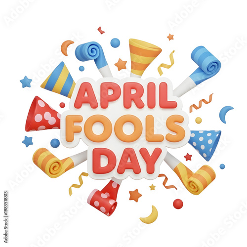 April Fools Day Celebration with Colorful Party Horns and Confetti