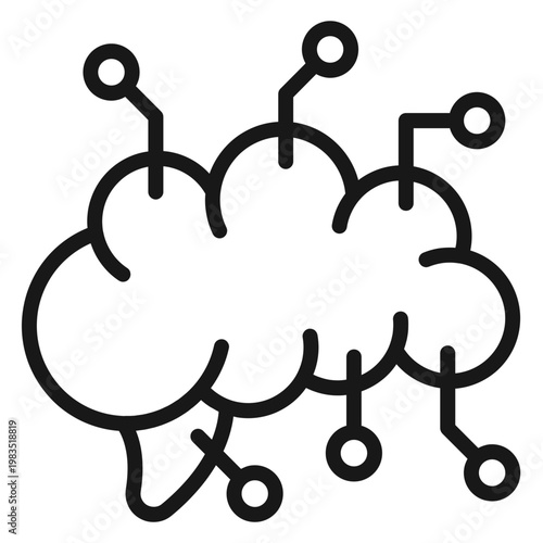 Artificial intelligence vector icon featuring a minimalist black brain silhouette with circuit connections and nodes, representing machine learning, neural networks, and digital technology.
