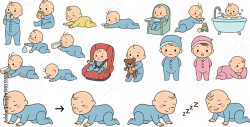 Cute baby daily activities vector set featuring crawling feeding bathing sleeping and playing infants in adorable cartoon style isolated