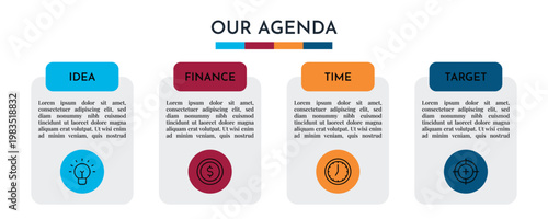 Our Agenda Clean Grid Infographic with Four Step Process and Simple Icon Layout Vector Illustration,