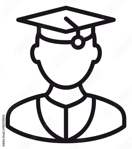 Black Line Vector Icon Illustration of a Graduate Student Wearing a Graduation Cap and Gown, Symbolizing Academic Achievement, Education, and University Success in a Minimalist Style.