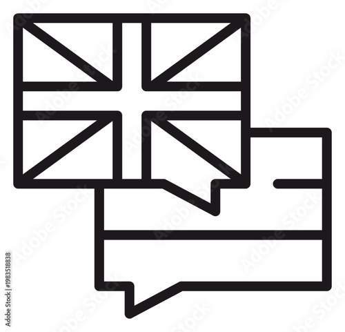 English Language Translation Vector Icon Illustration Featuring Union Jack and Generic Flag in Speech Bubbles for Bilingual Communication, Education, and Global Business Concepts