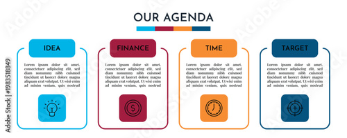 Our Agenda Card Layout Infographic with Icon Blocks and Four Step Business Process Vector Illustration,