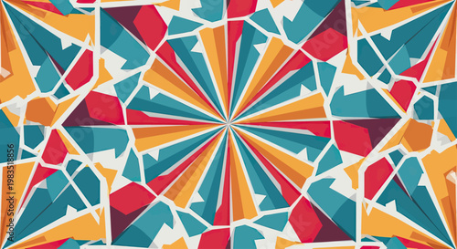 Vibrant geometric abstract with radiating lines and shattered shapes in bold colors