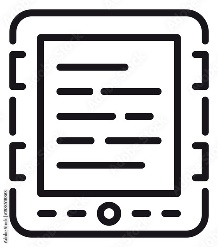 Minimalist black line vector icon of an e-reader or digital tablet device with text on the screen, representing electronic books, digital reading, and mobile technology for web and app design.