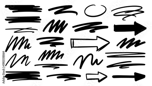 Hand drawn doodle vector set of quick sketch strokes, playful expressive ink pen lines, rough scribble accents, dynamic marks, and decorative elements for notes, UI, and creative design projects