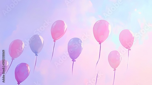 Pastel Balloons Floating in Dreamy Sky, Soft Light, Celebration Concept