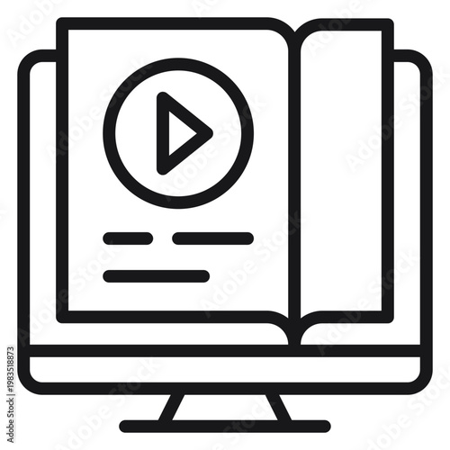 Online education vector icon illustration featuring a computer monitor with an open book and a play button symbol, representing e-learning, digital library, video tutorials, and distance learning.
