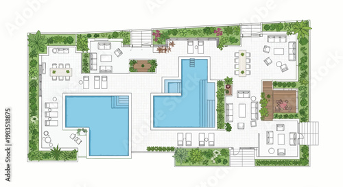 Architectural plan depicting a luxury villa with pools and outdoor spaces
