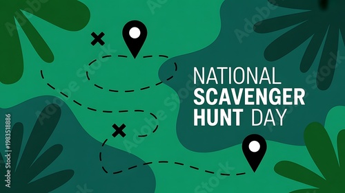 National scavenger hunt day conceptual map graphic with location pins scavenger exploration location adventure