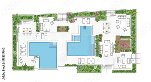 Architectural plan showing a luxury villa with pools and outdoor spaces