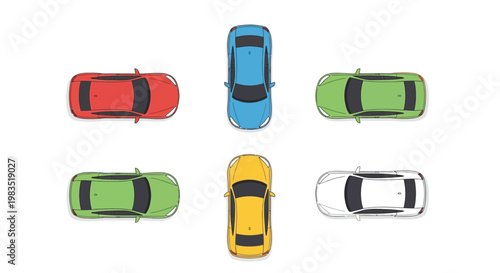 Aerial view of colorful cars arranged in a geometric pattern