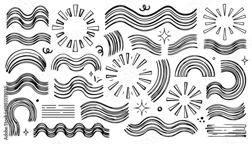 Set of hand drawn black ink wavy lines sunburst strokes and curved wave patterns for design elements sea water ripples and decorative borders isolated on white background vector illustration