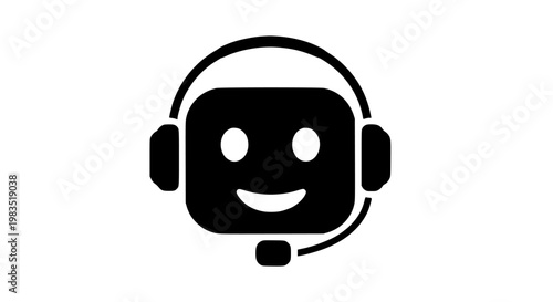 Chatbot icon vector illustration showing a friendly smiling robot head wearing a customer service headset isolated on white background for digital technology communication and artificial intelligence 