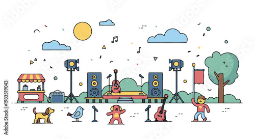 People performing on outdoor music stage.