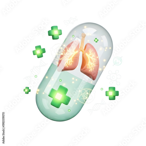 Lungs Inside Medicine Pill with Green Crosses Symbolizing Health