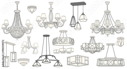 Collection of various decorative chandeliers and pendant lighting fixtures
