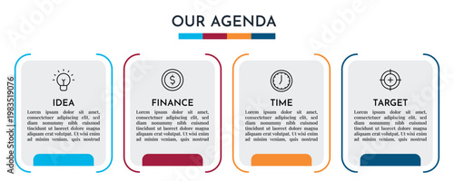 Our Agenda Bracket Style Infographic with Four Step Workflow and Modern Business Icons Vector Illustration,