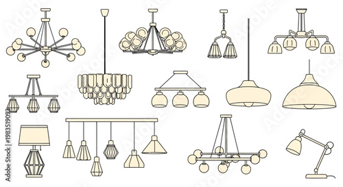 Collection of various chandelier and lamp designs in a simple sketch