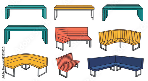 Collection of colorful modern benches in various shapes and arrangements
