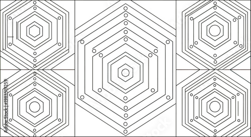 Six nested hexagons with small circles at points, black on white