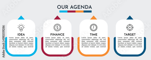 Our Agenda Rounded Corner Card Infographic with Four Step Workflow and Minimal Design Vector Illustration,
