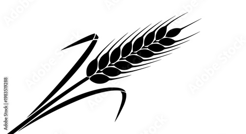 Wheat ear illustration featuring a black silhouette design of a single grain stalk isolated on a white background for agricultural branding, organic food labeling, and cereal crop industry graphic pro