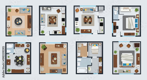 Architectural floor plans diverse room layouts viewed from above