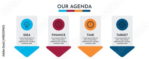 Our Agenda Down Arrow Infographic with Four Step Process and Modern Icon Cards Vector Illustration,