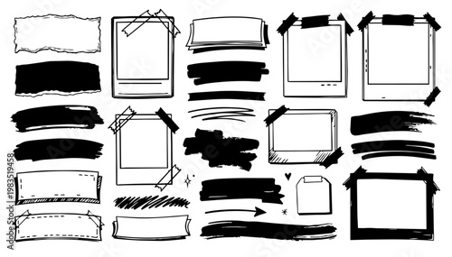 Hand drawn doodle vector set of scrapbook style strokes for highlights and decoration, playful sketchy ink pen lines, brush accents, underlines, and creative elements for journaling, UI, and design 