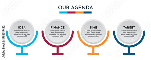 Our Agenda Stand Style Circular Infographic with Four Steps and Icon Based Presentation Vector Illustration,