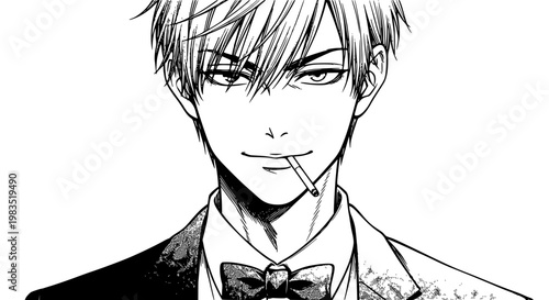 Anime businessman portrait vector illustration featuring a young man wearing a formal suit and bowtie with a cigarette in his mouth rendered in a classic black and white manga style.