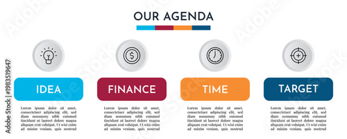 Our Agenda Simple Step Layout Infographic with Icon Labels and Clean Business Design Vector Illustration,