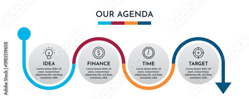 Our Agenda Timeline Infographic with Curved Line Flow and Four Step Process Vector Illustration,