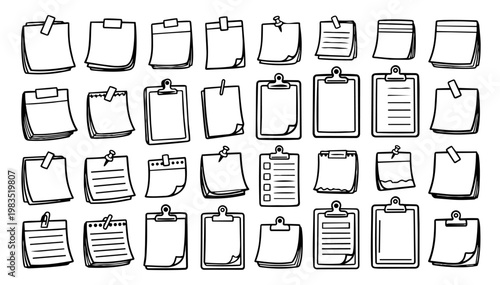 Hand drawn doodle vector set of sticky notes and clipboards for planning and organization, playful sketchy ink pen stationery elements, memo pads, reminders, and note taking icons for UI and creative 