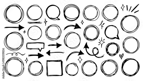 Hand drawn doodle vector set of social media style scribbles for highlights and accents, sketchy ink pen strokes, messy lines, and trendy decorative elements for UI and creative designs