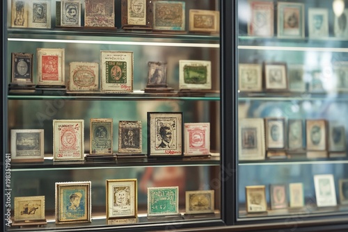 Wall shelves displaying framed vintage stamp collection