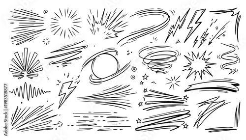 Hand Drawn Comic Speed Lines Collection with Vector Manga Motion Effects Lightning Bolts Explosion Bursts Swoosh Accents and Dynamic Action Elements for Graphic Design Illustration Elements