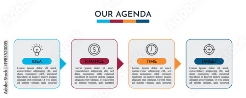 Our Agenda Ribbon Style Workflow Infographic with Four Steps and Icon Based Design Vector Illustration,