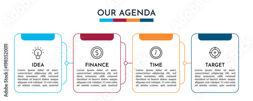 Our Agenda Top Tab Card Infographic Layout with Four Step Process and Clean Icons Vector Illustration,