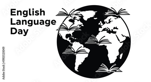 English language day illustration globe surrounded by open books high quality
